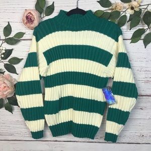 VTG Sears Medium Mainframe Green cream crew Neck Sweater Stripe Ribbed